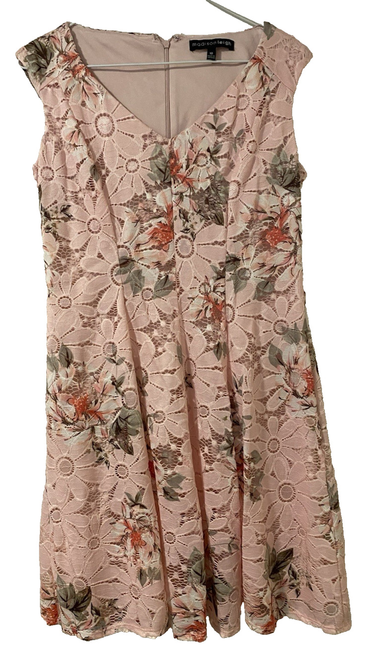 Madison Leigh Pink Floral Lace Overlay Sheath Dress Size 10 Cottage Core Fairy